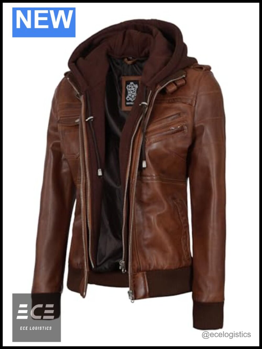 Womens Hooded Real Lambskin Leather Bomber Jacket Detachable Hood Quilted Zip